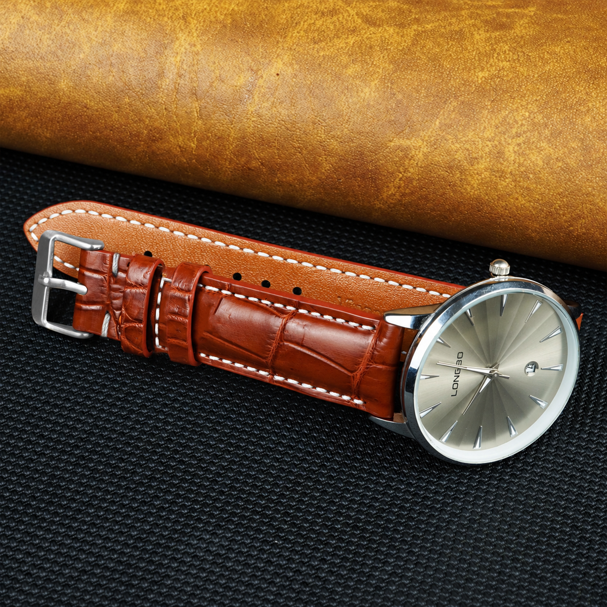 White Hand Stitching Light Brown Alligator Leather Watch Band For Men | Premium Crocodile Replacement Wristwatch Strap | DH-157