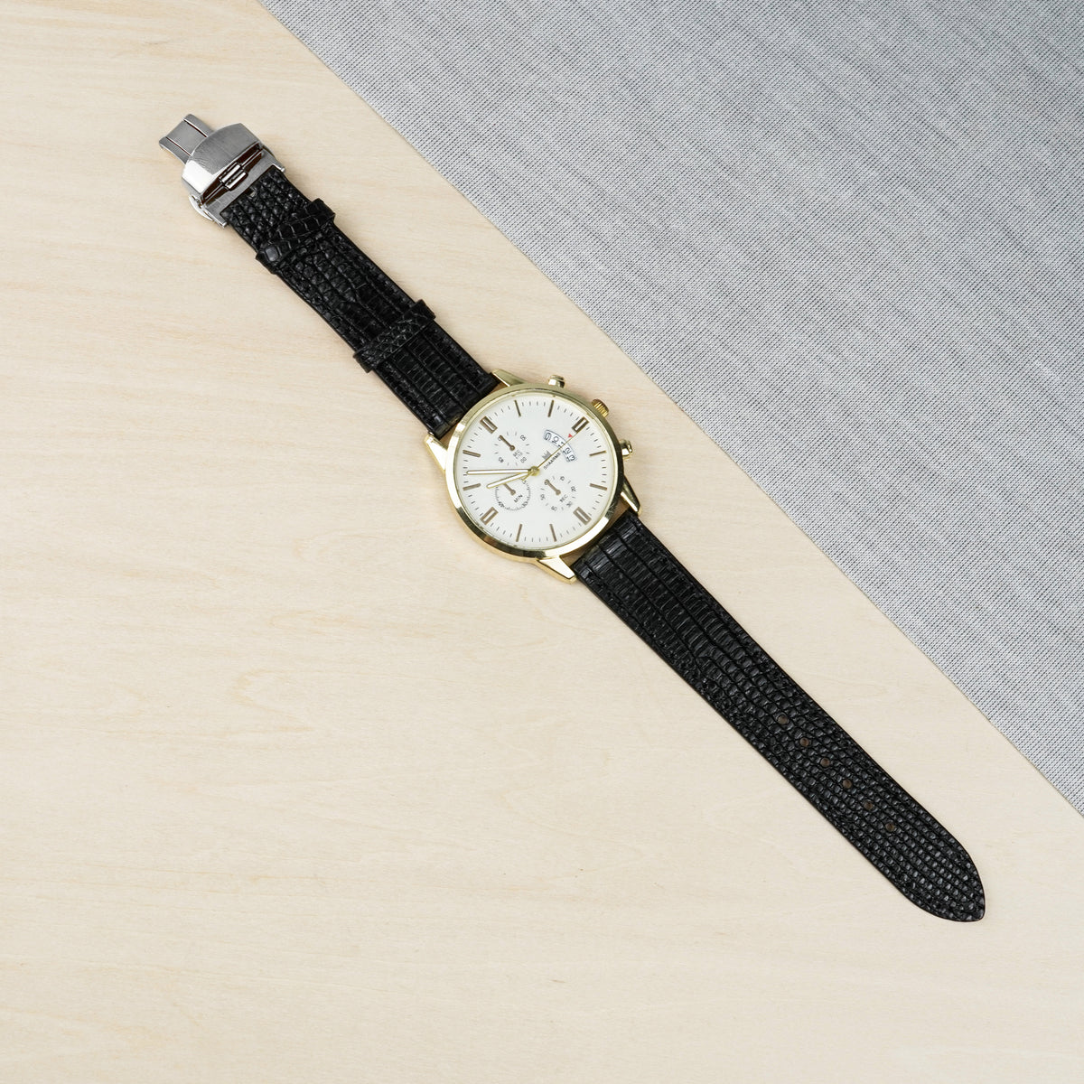 Black Flat Lizard Leather Watch Strap with Deployment Clasp