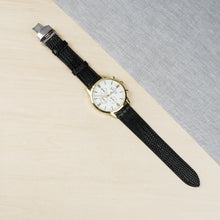 Black Flat Lizard Leather Watch Strap with Deployment Clasp