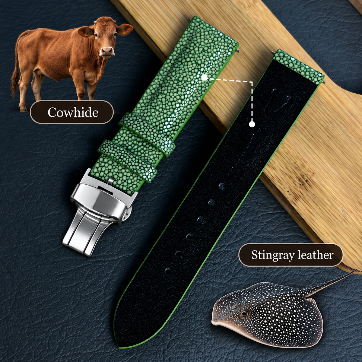 Padded Green Stingray Leather Watch Strap with Deployment Clasp