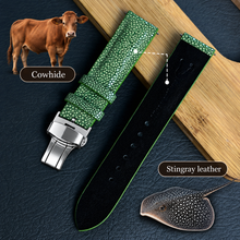 Padded Green Stingray Leather Watch Strap with Deployment Clasp