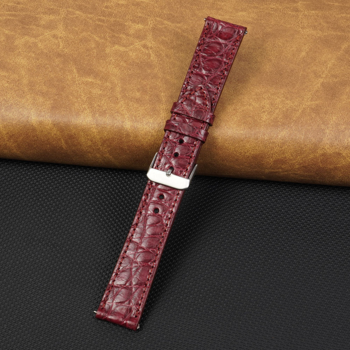 Burgundy Slim Alligator Leather Watch Strap For Men Quick Release Thin Crocodile Watch Band