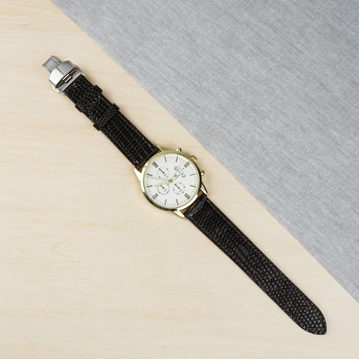 Brown Flat Lizard Leather Watch Strap with Deployment Clasp