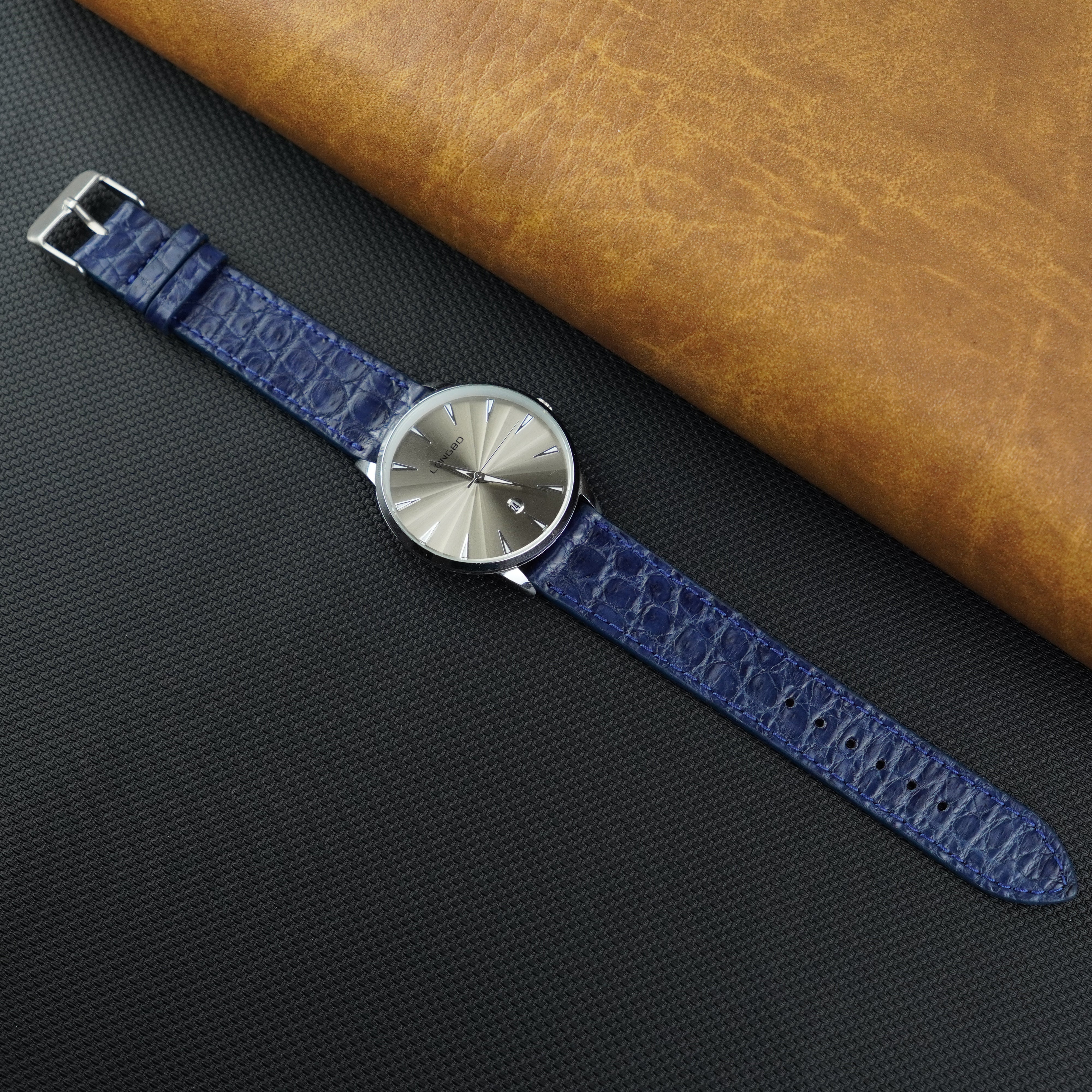 Navy Blue Slim Alligator Leather Watch Band For Men Quick Release Thin Croc Premium Flat Leather Watch Strap Replacement Bespoke