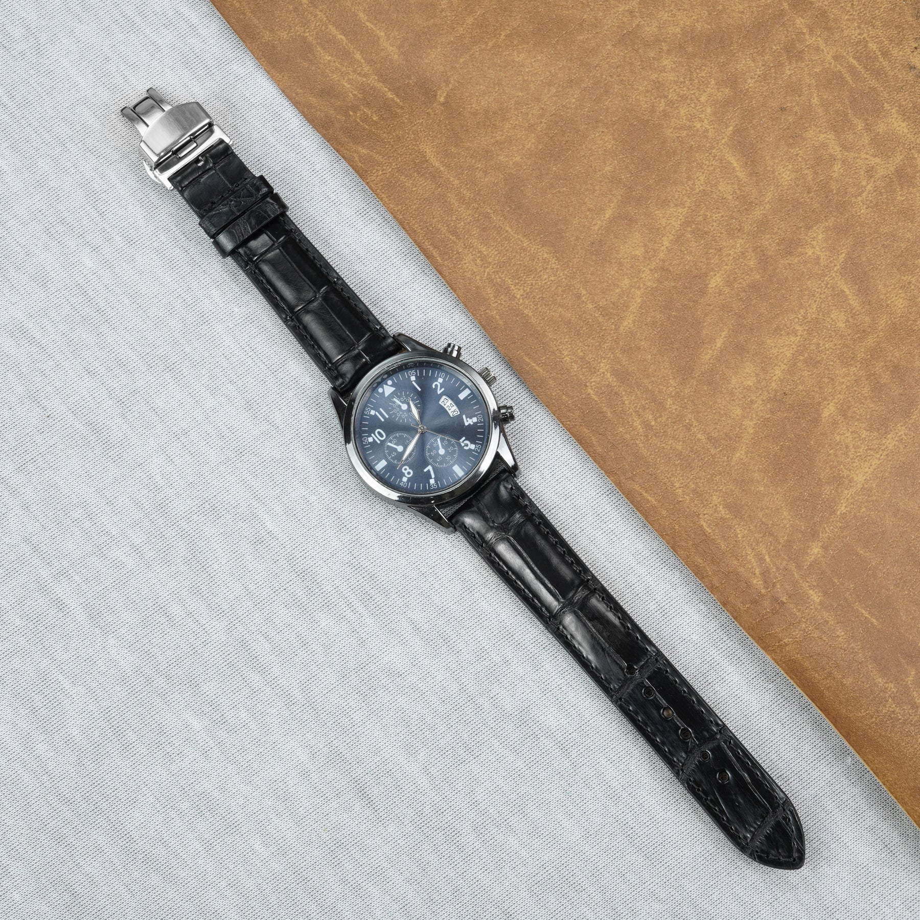 Black Alligator Leather Watch Strap with Deployment Clasp