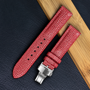 Padded Red Stingray Leather Watch Strap with Deployment Clasp