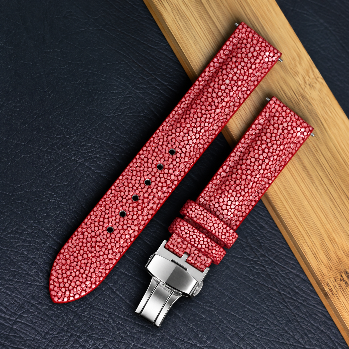 Padded Red Stingray Leather Watch Strap with Deployment Clasp