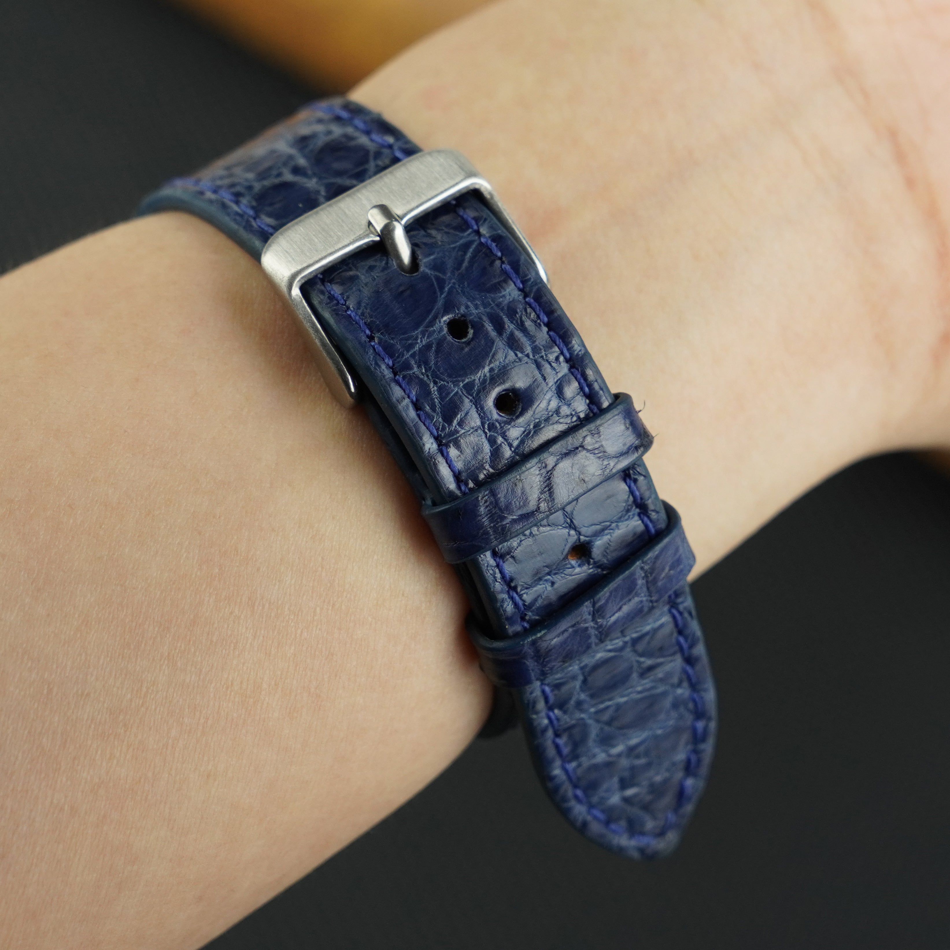 Navy Blue Slim Alligator Leather Watch Band For Men Quick Release Thin Croc Premium Flat Leather Watch Strap Replacement Bespoke