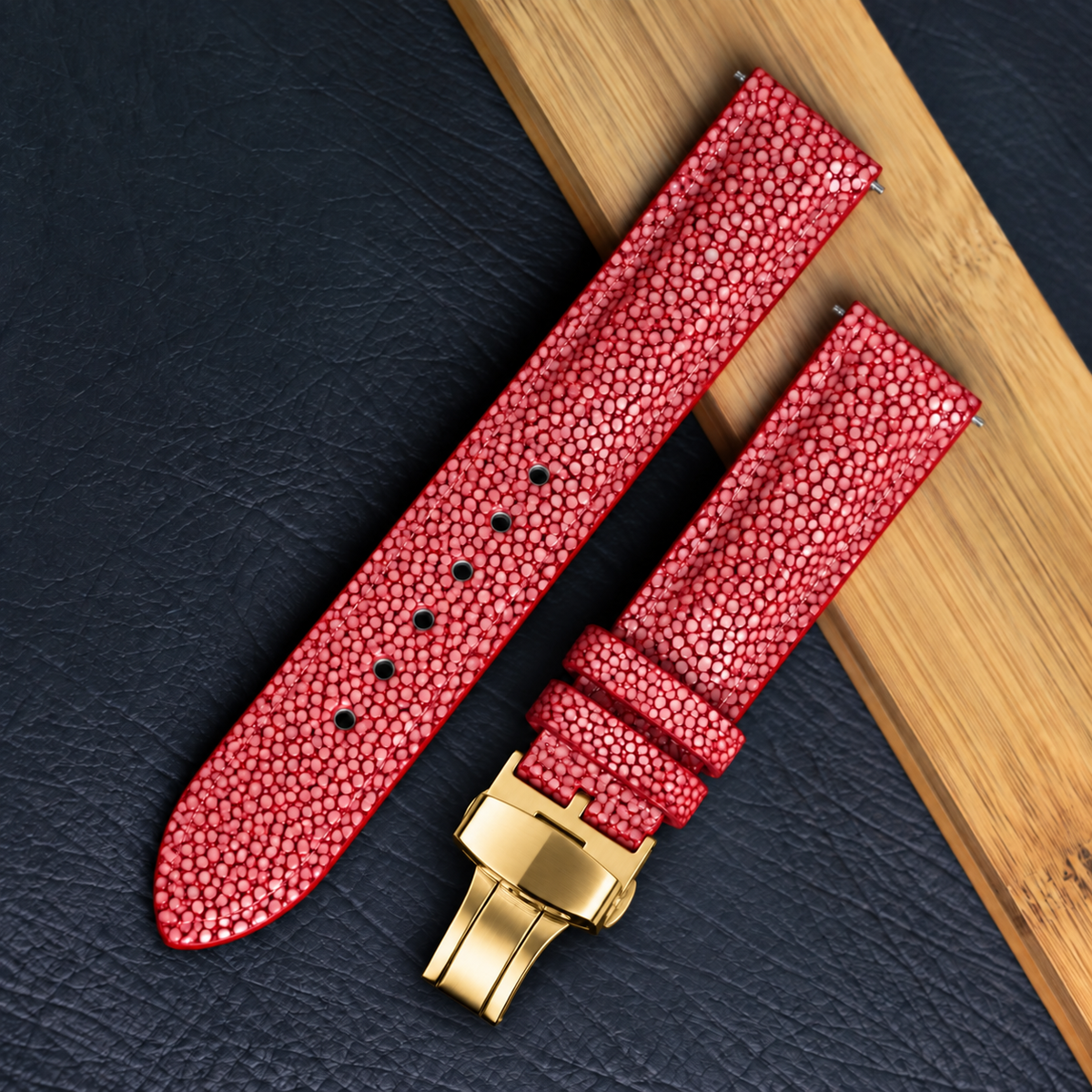 Padded Red Stingray Leather Watch Strap with Deployment Clasp