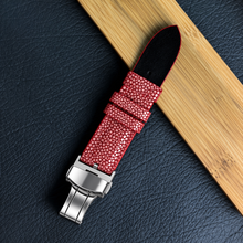 Padded Red Stingray Leather Watch Strap with Deployment Clasp