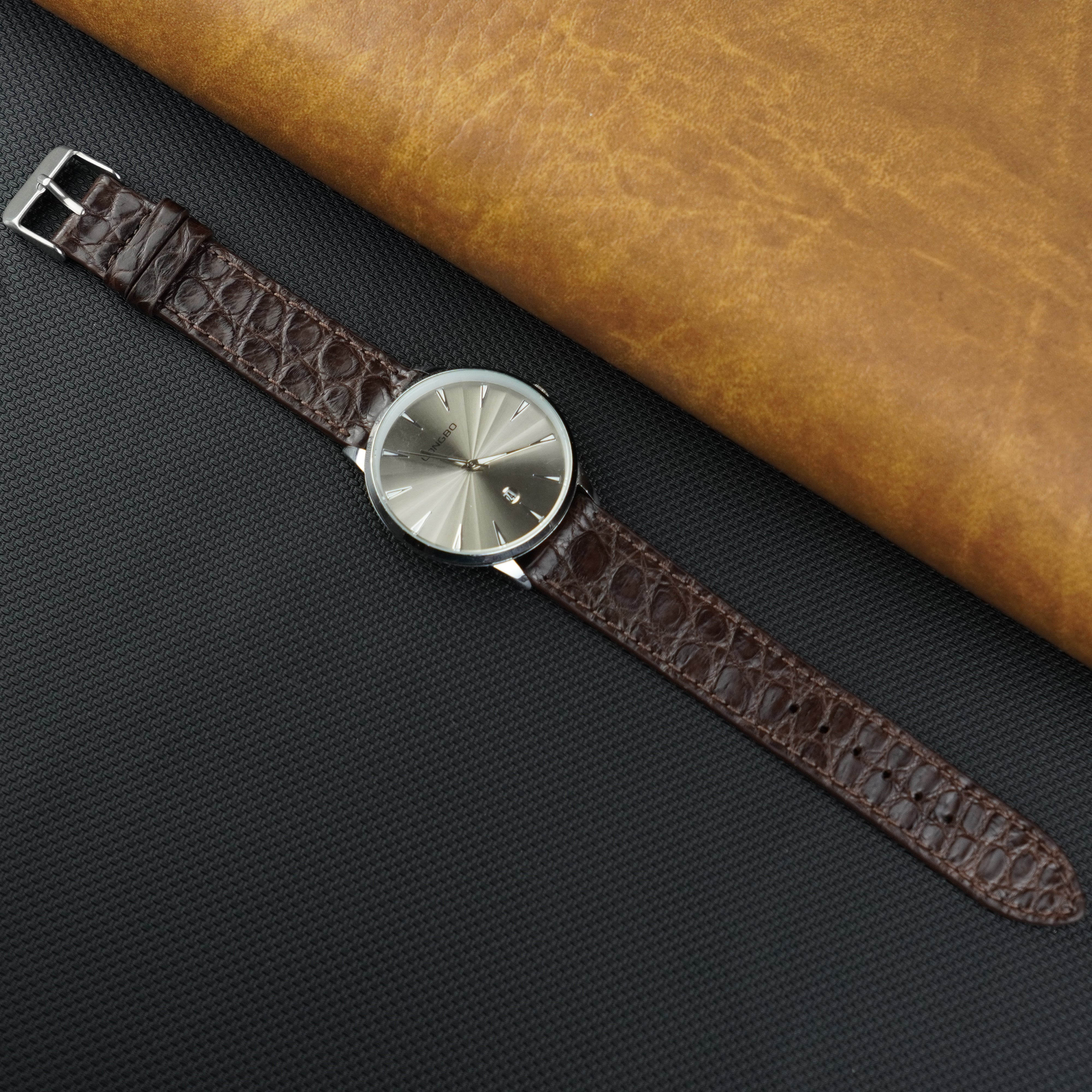 Dark Brown Slim Alligator Leather Watch Band For Men Quick Release Thin Crocodile Premium Flat Leather Watch Strap Replacement Bespoke