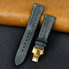 Padded Black Stingray Leather Watch Strap with Deployment Clasp