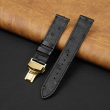 Slim Black FLat Ostrich Leather Watch Band width Deployment Clasp