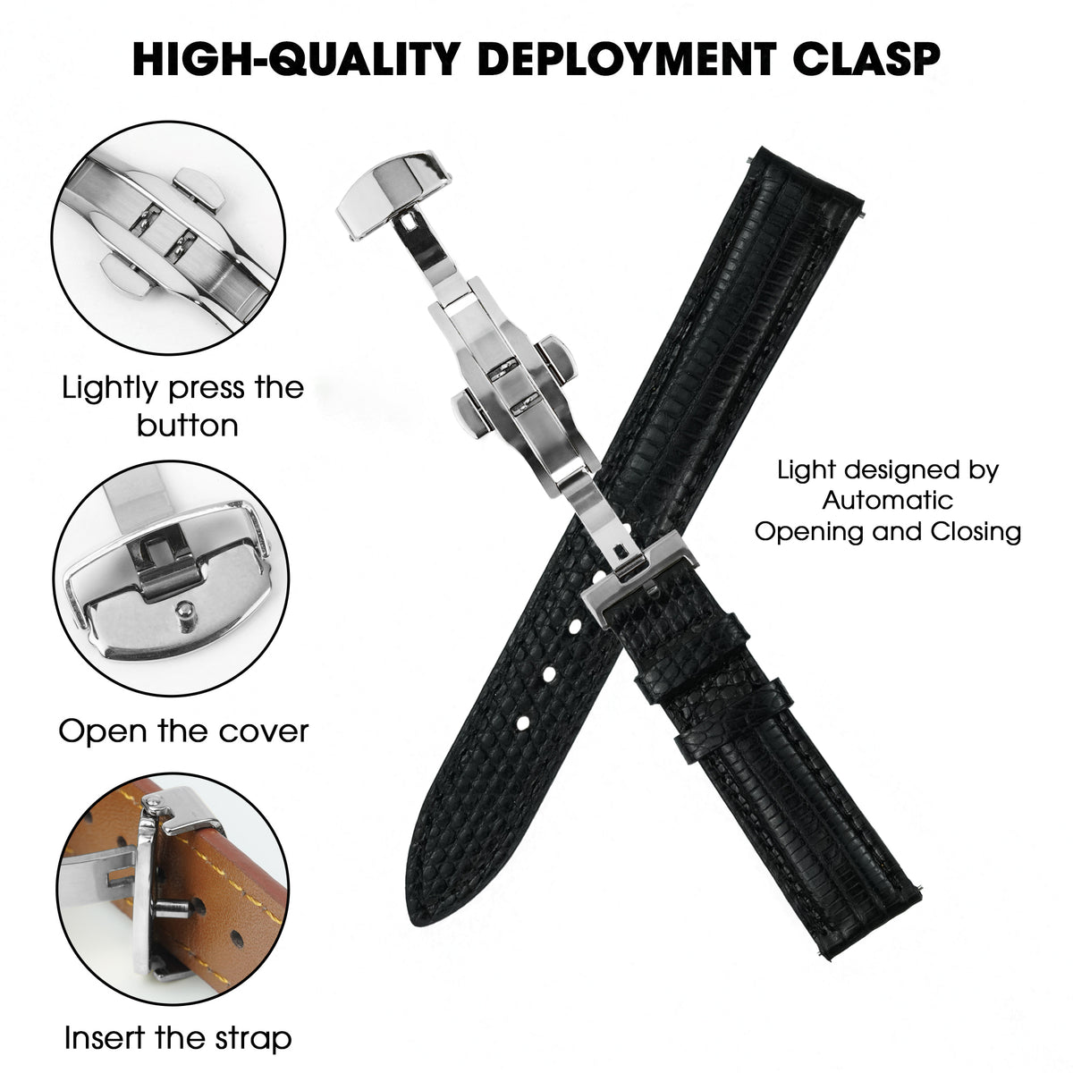 Black Lizard Leather Watch Strap with Deployment Clasp