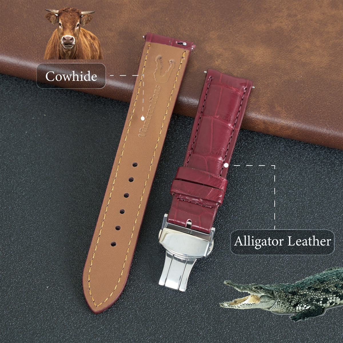 Flat Burgundy Alligator Leather Watch Band, Deployment Crocodile Watch Strap