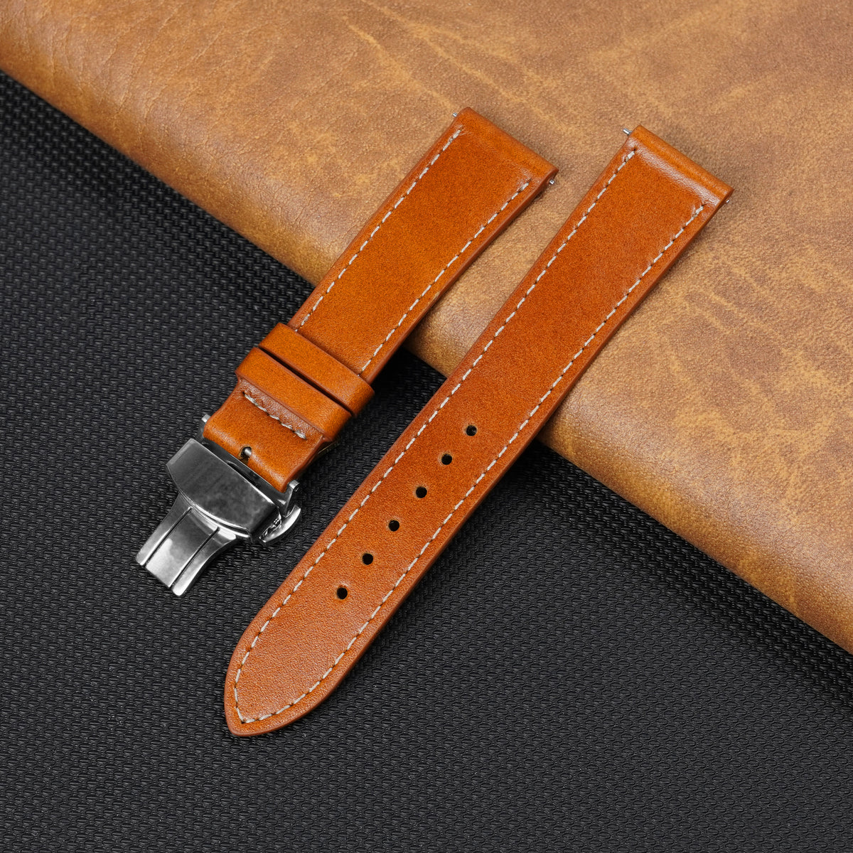Deployment Brown Flat Full Grain with White Stiching Leather Watch Strap DH-NO-212D