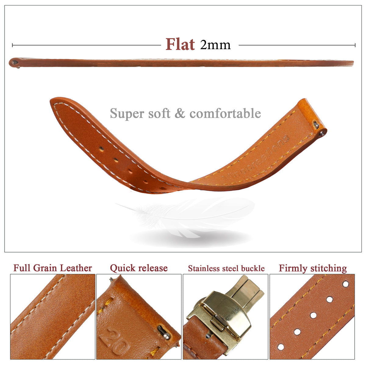 Deployment Brown Flat Full Grain with White Stiching Leather Watch Strap DH-NO-212D