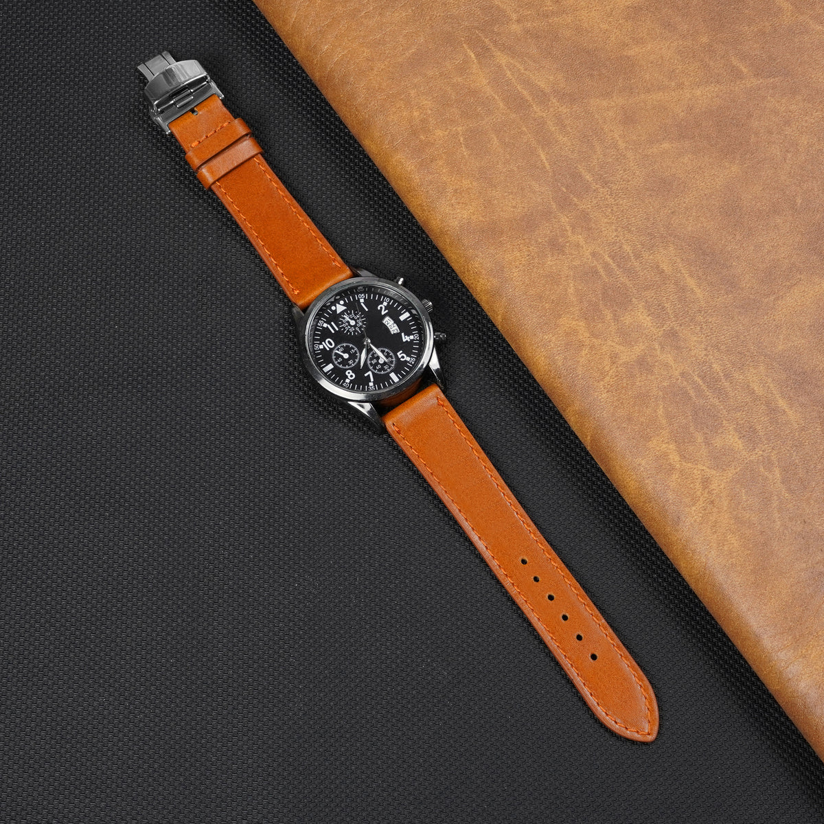 Tan Brown Flat Full Grain Leather Watch Strap with Deployment Clasp