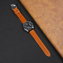 Tan Brown Flat Full Grain Leather Watch Strap with Deployment Clasp