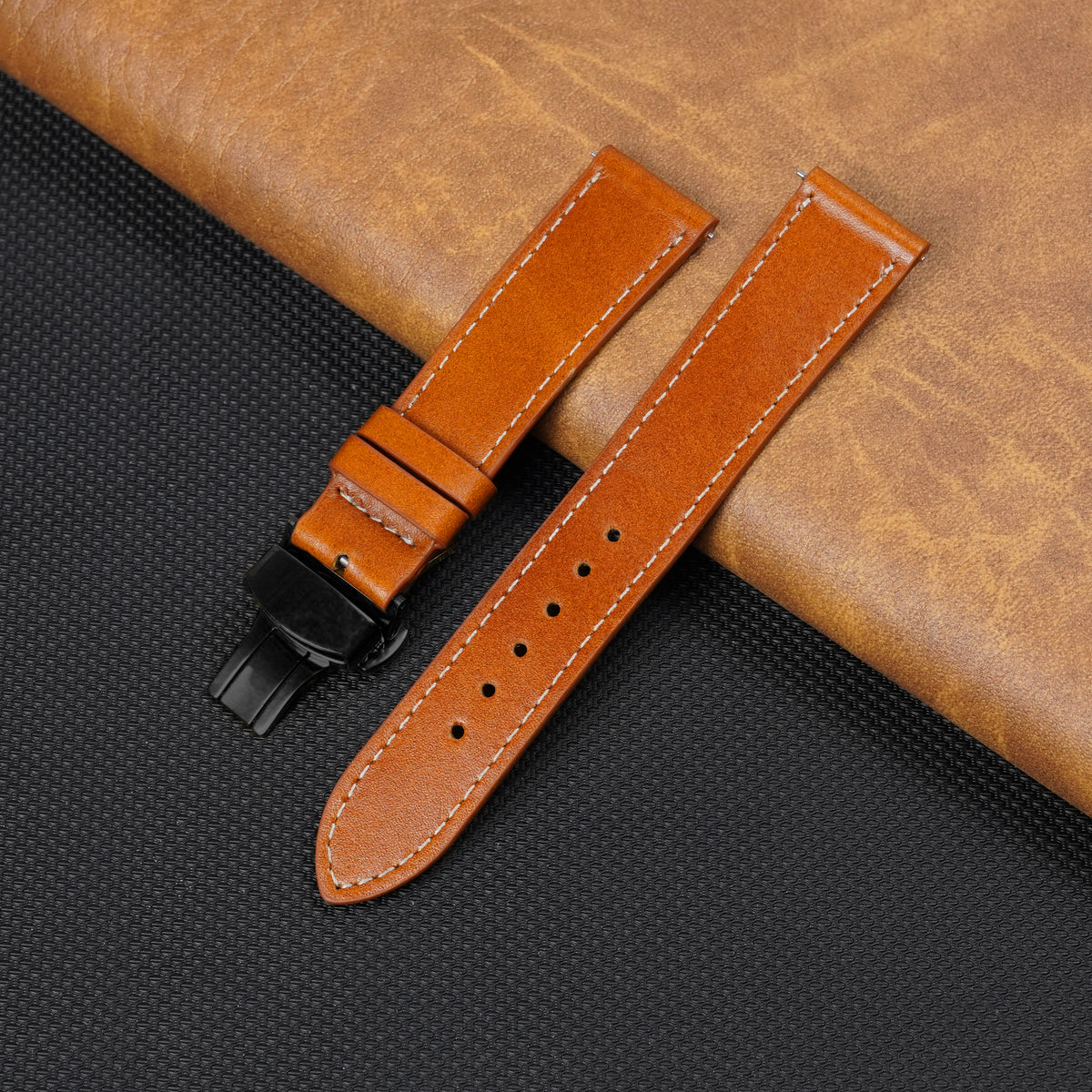 Deployment Brown Flat Full Grain with White Stiching Leather Watch Strap DH-NO-212D