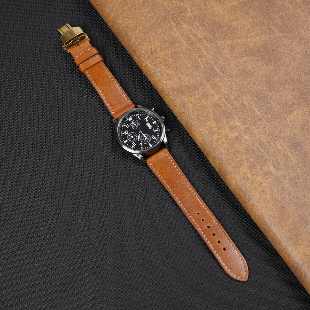 Deployment Brown Flat Full Grain with White Stiching Leather Watch Strap DH-NO-212D
