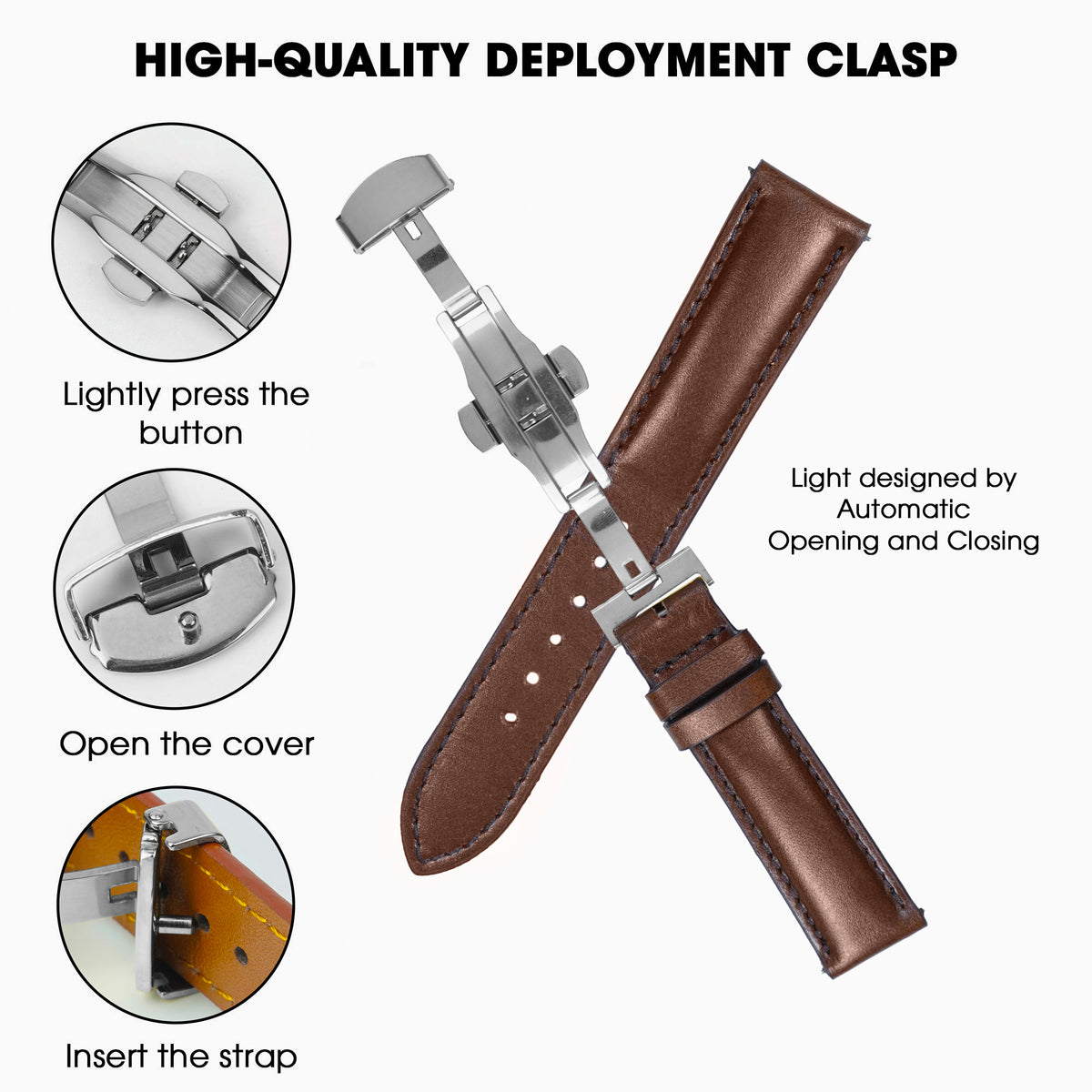 Padded Brown Full Grain Leather Watch Strap with Deployment Clasp