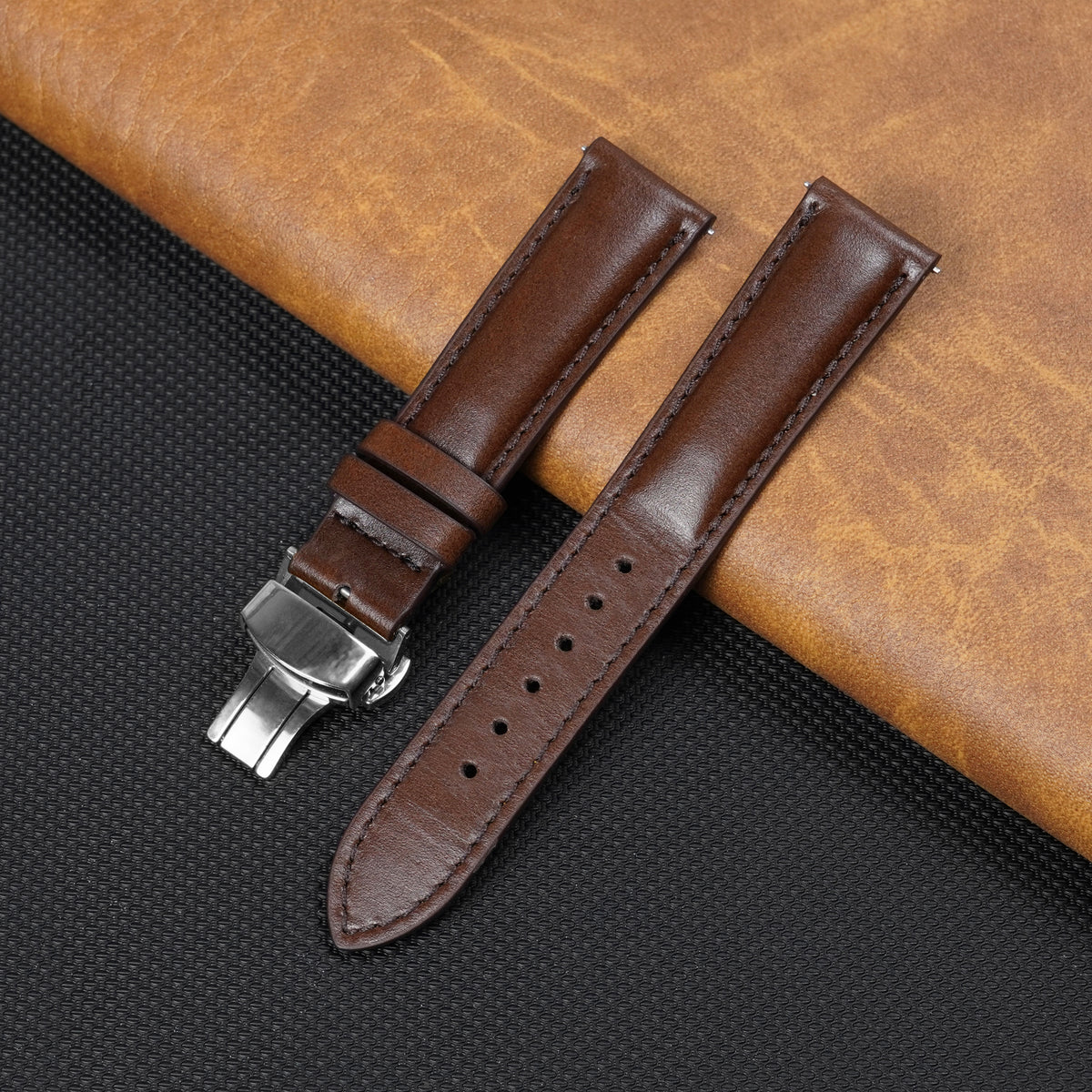 Padded Brown Full Grain Leather Watch Strap with Deployment Clasp