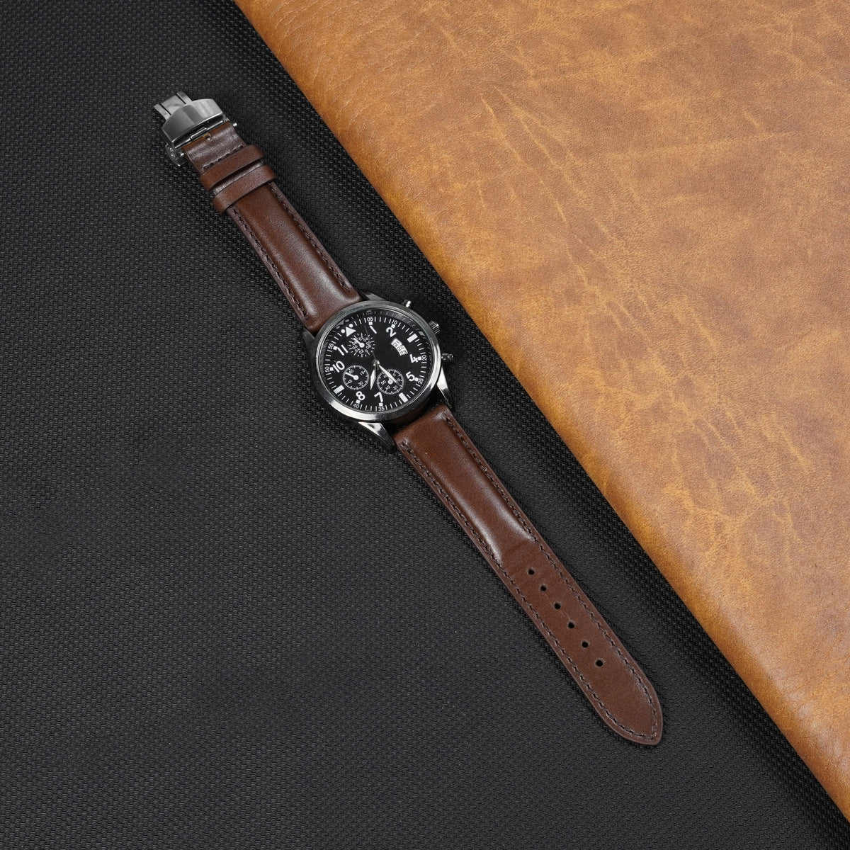 Padded Brown Full Grain Leather Watch Strap with Deployment Clasp