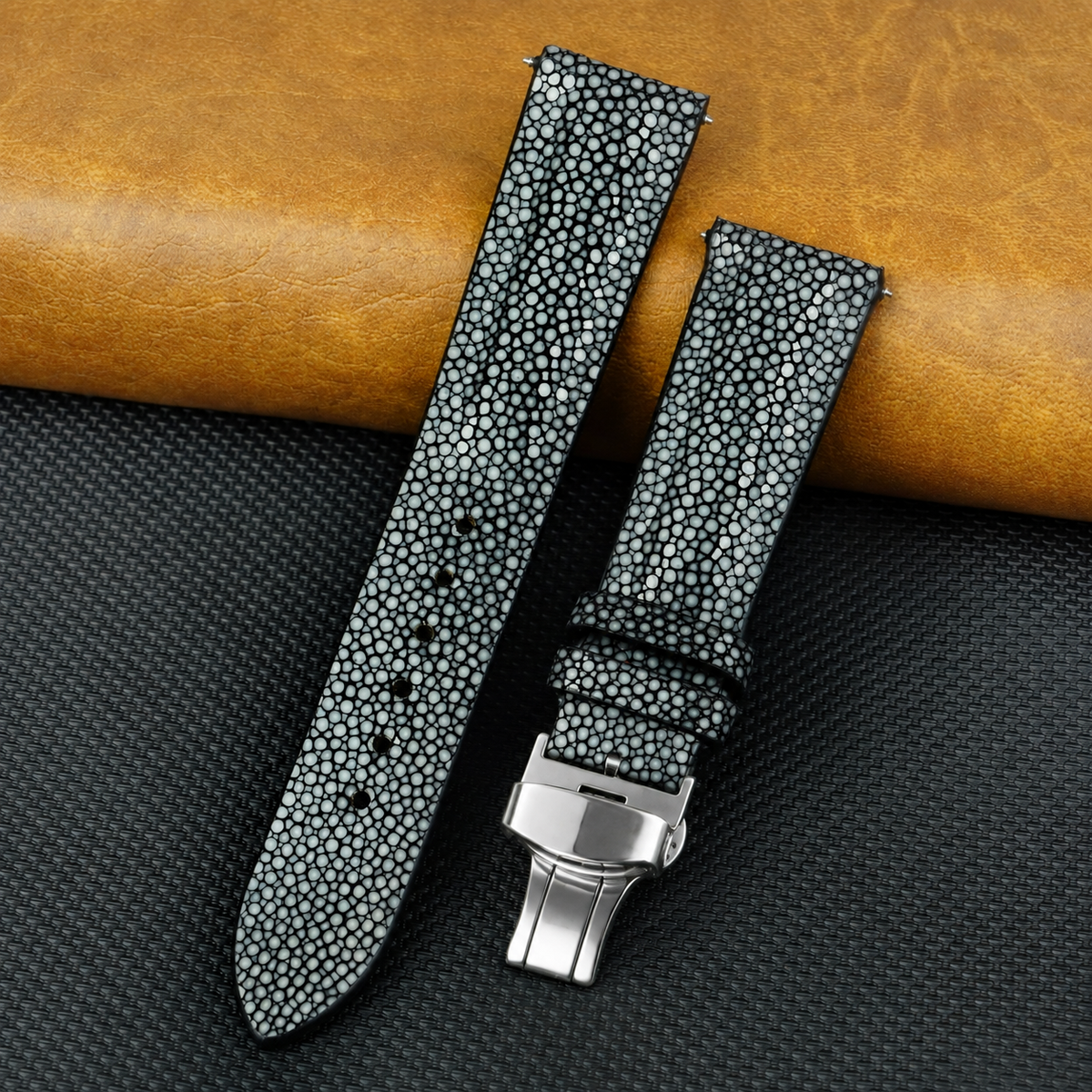 Padded Black Stingray Leather Watch Strap with Deployment Clasp
