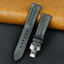 Padded Black Stingray Leather Watch Strap with Deployment Clasp