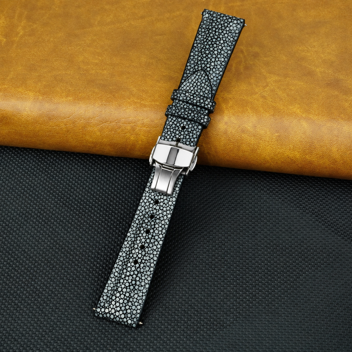 Padded Black Stingray Leather Watch Strap with Deployment Clasp