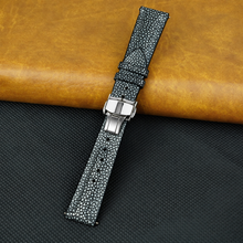 Padded Black Stingray Leather Watch Strap with Deployment Clasp