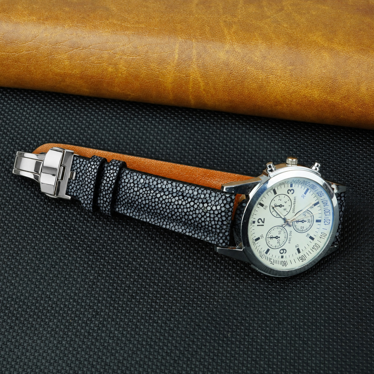 Padded Black Stingray Leather Watch Strap with Deployment Clasp
