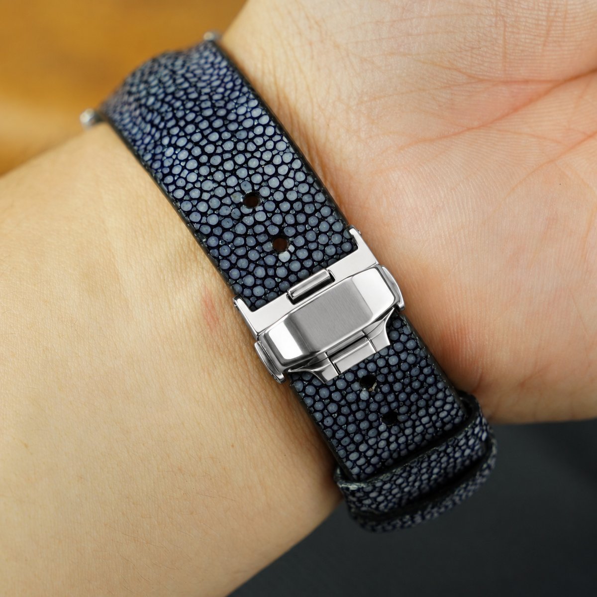 Padded Black Stingray Leather Watch Strap with Deployment Clasp