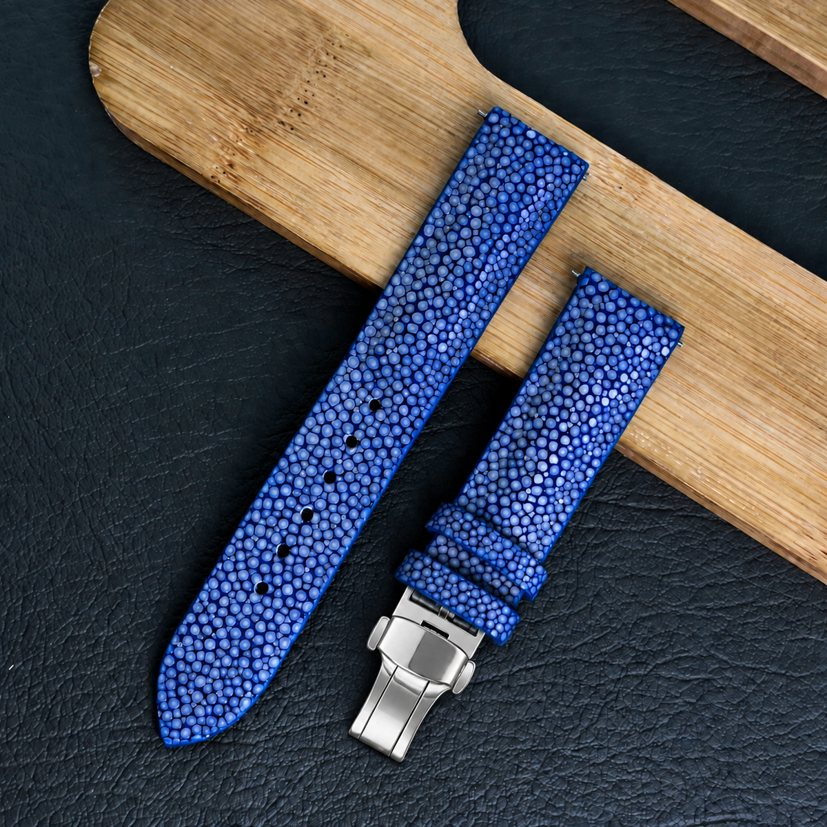 Padded Blue Stingray Leather Watch Strap with Deployment Clasp