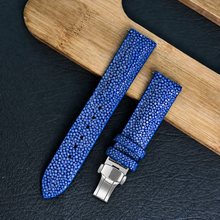 Padded Blue Stingray Leather Watch Strap with Deployment Clasp