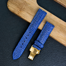 Padded Blue Stingray Leather Watch Strap with Deployment Clasp