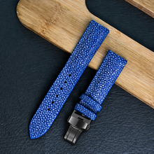 Padded Blue Stingray Leather Watch Strap with Deployment Clasp
