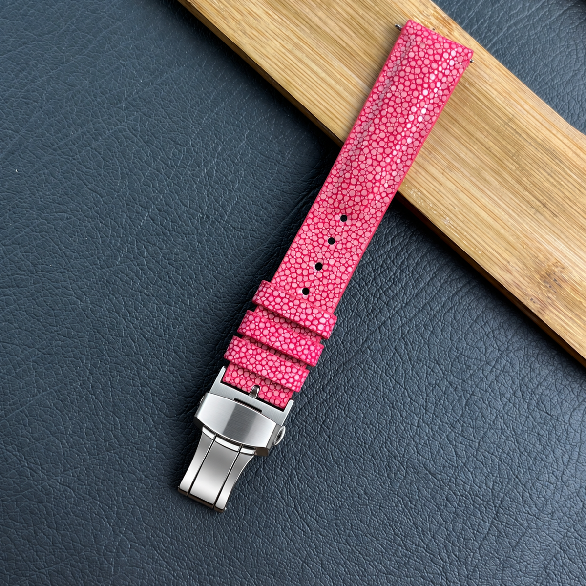 Padded Pink Stingray Leather Watch Strap with Deployment Clasp