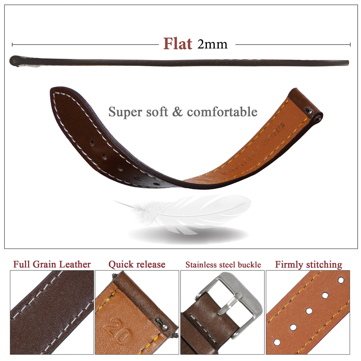 Flat Brown Full Grain Watch Strap with White Stitching Quick Release