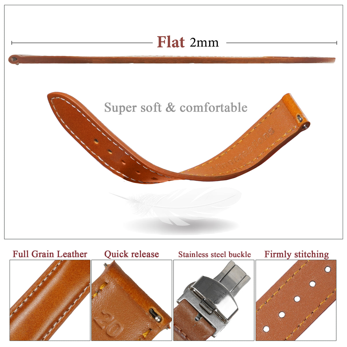 Tan Brown Full Grain Watch Strap with White Stitching and Deployment Clasp
