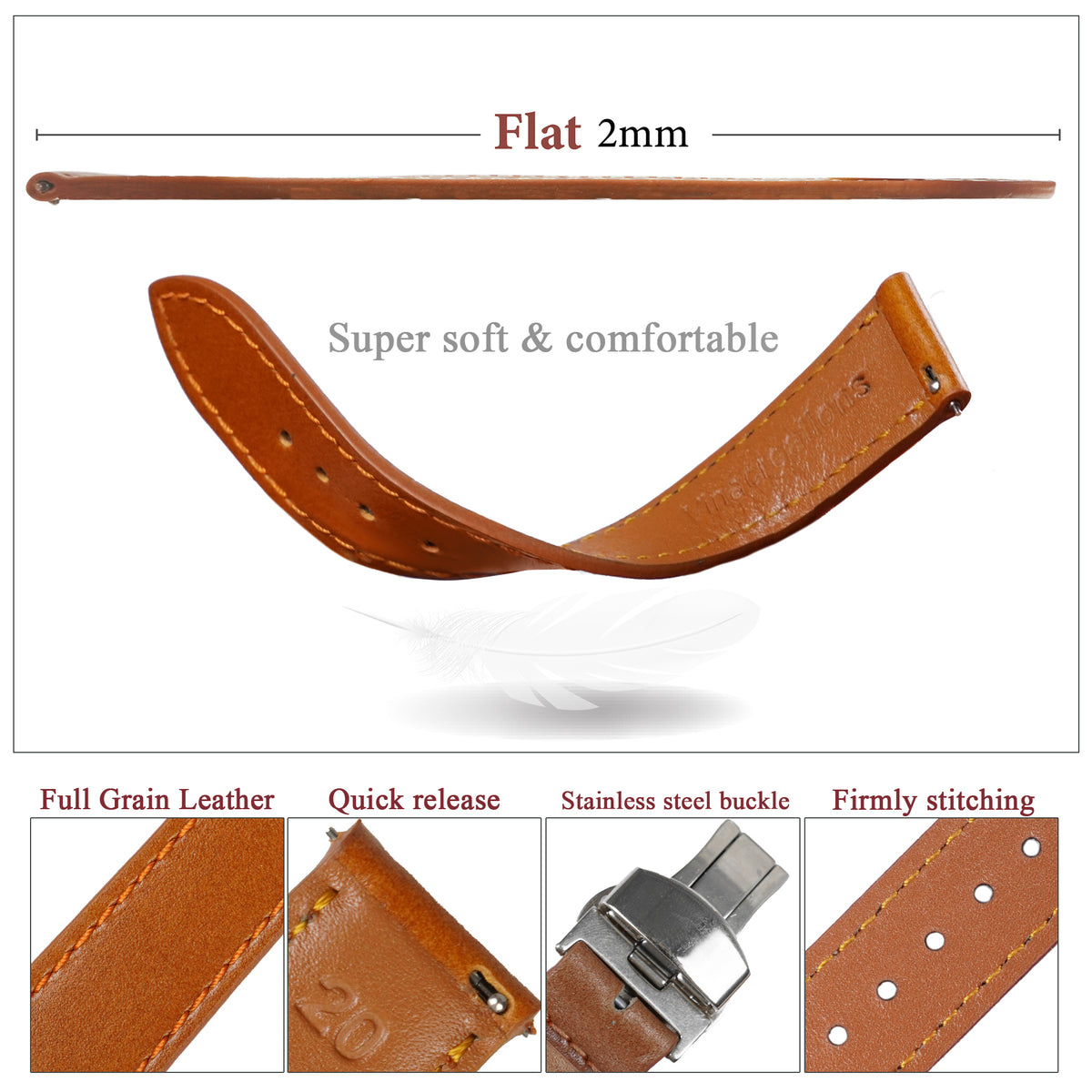 Tan Brown Flat Full Grain Leather Watch Strap with Deployment Clasp