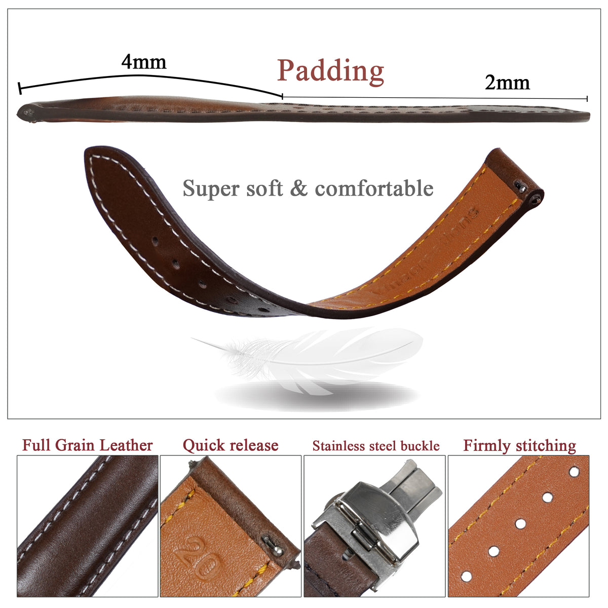 Brown Full Grain Watch Strap with White Stitching and Deployment Clasp
