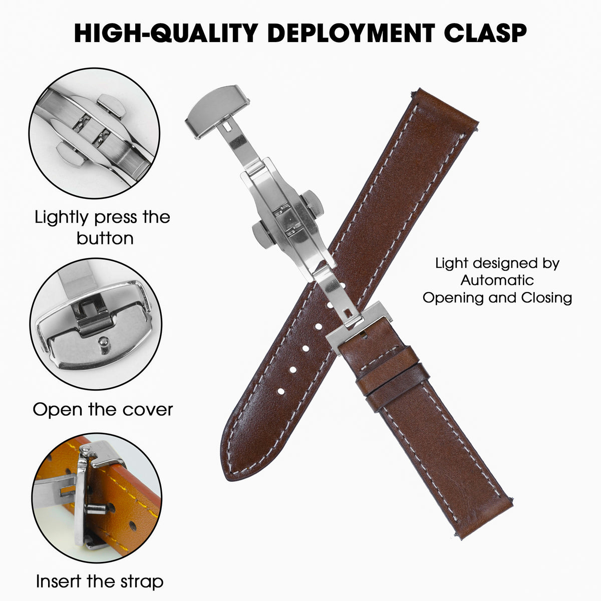 Deployment Dark Brown Flat Full Grain with White Stiching Leather Watch Strap DH-NO-213D