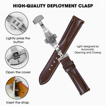Brown Full Grain Watch Strap with White Stitching and Deployment Clasp