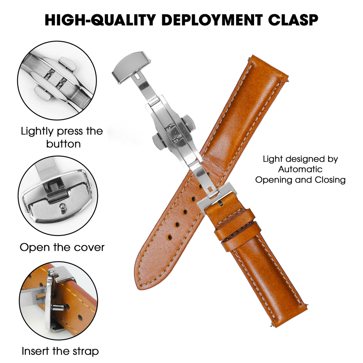 Tan Brown Full Grain Watch Strap with White Stitching and Deployment Clasp
