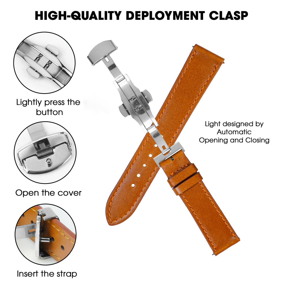 Tan Brown Flat Full Grain Leather Watch Strap with Deployment Clasp