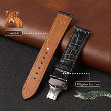 Black Alligator Flat Leather Watch Strap with Deployment Clasp