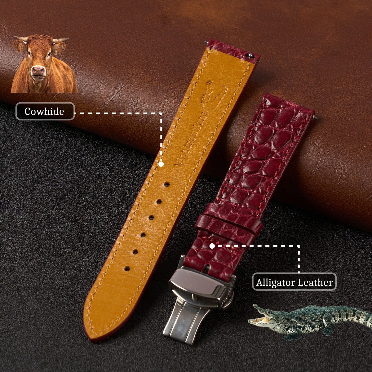 Burgundy Alligator Flat Leather Watch Strap with Deployment Clasp