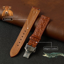 Light Brown Alligator Flat Leather Watch Strap with Deployment Clasp